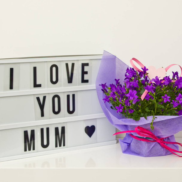 Love you mum text with campanula flowers gift wrapped in paper and ribbon on a white shelf. - Photo, Image