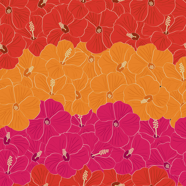 Vector Hibiscus Flowers in Pink Red Orange Seamless Repeat Pattern. Hintergrund für Textilien, Karten, Fertigung, Tapeten, Druck, Geschenkpapier und Scrapbooking. - Vektor, Bild