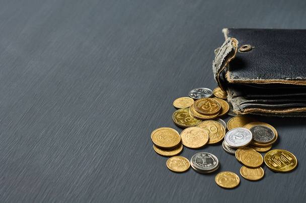 Old battered wallet and lot of coins on concrete desk. Concept of social payments and donations, poverty - Fotoğraf, Görsel