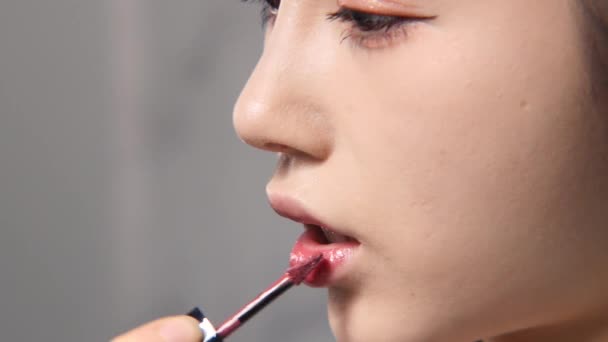 Profesionální make-up umělec dělá ret make-up asijské dívky asijské ženy se speciálním štětcem - Záběry, video