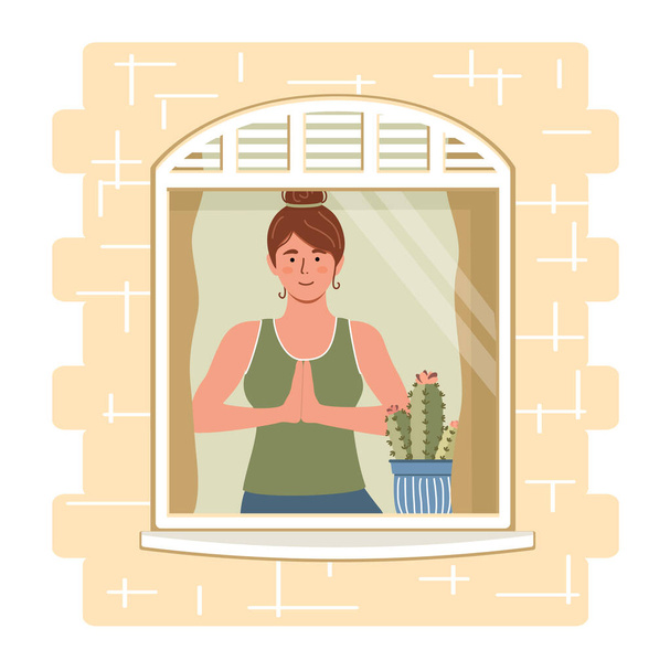 Jonge vrouw doet yoga bij het raam thuis Veiligheid thuis concept. Gelukkige mensen thuis. Vector illustratie in platte cartoon stijl. - Vector, afbeelding