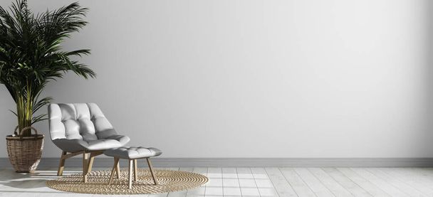 Világos modern szoba belső szürke fotel és pálmafa, üres szoba belső háttér, fehér fal mockup, skandináv stílusú belső szoba mock up, 3D-s renderelés - Fotó, kép