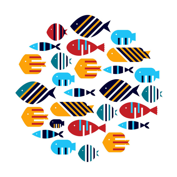 Cute fish card. Around motif with fish. - Vetor, Imagem