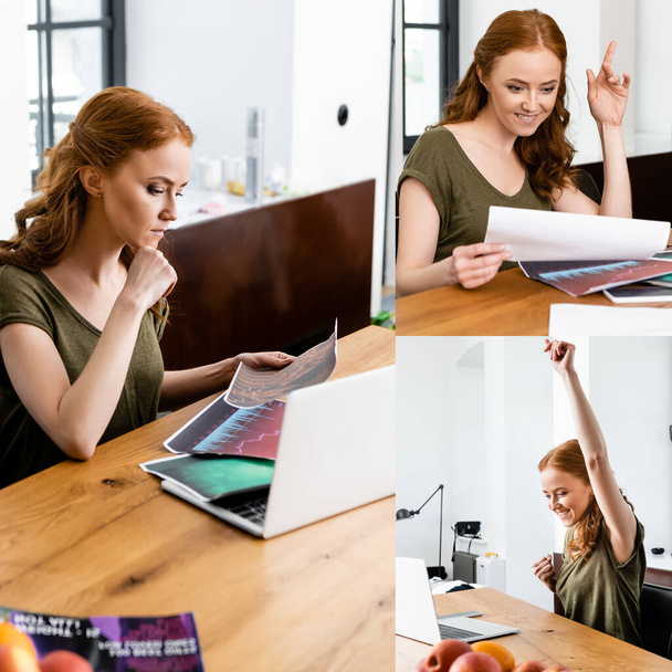 Collage of freelancer working with papers and showing yeah gesture at home  - Zdjęcie, obraz