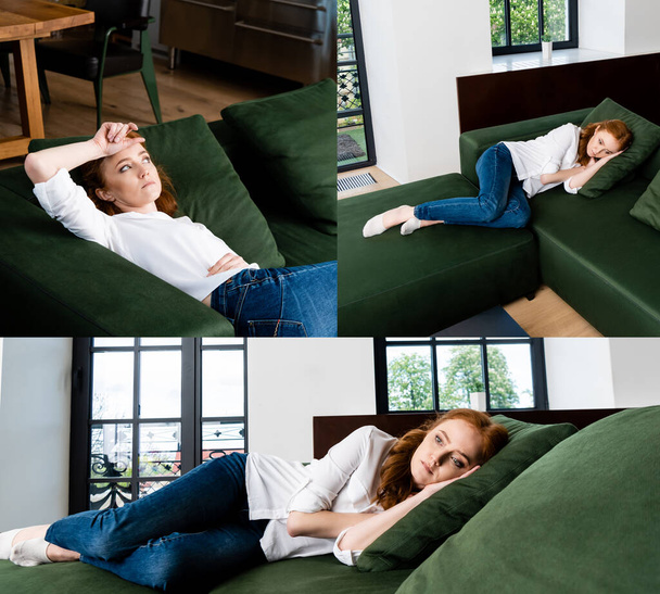 Κολάζ καταθλιπτικής γυναίκας ξαπλωμένης στον καναπέ στο σπίτι  - Φωτογραφία, εικόνα
