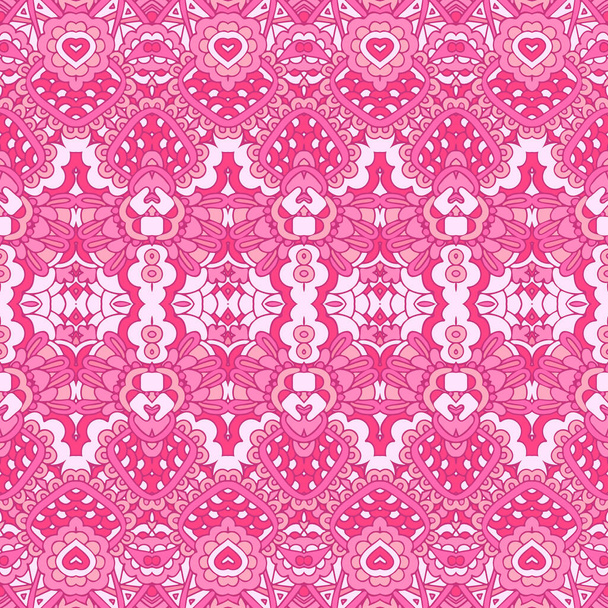民族の部族の装飾とレトロな花のシームレスなパターン。ボホのデザイン。ピンクの幾何学模様。紙と織物のための民俗様式化された印刷テンプレート. - ベクター画像