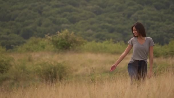 Jolie jeune femme marchant dans le champ d'herbe haute
 - Séquence, vidéo