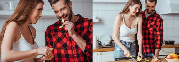 Collage eines glücklichen jungen Paares beim Zubereiten des Frühstücks mit frischen Früchten, horizontales Bild - Foto, Bild