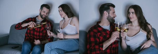 kolaż szczęśliwej młodej pary trzymającej kieliszki białego wina podczas siedzenia na sofie, obraz poziomy - Zdjęcie, obraz