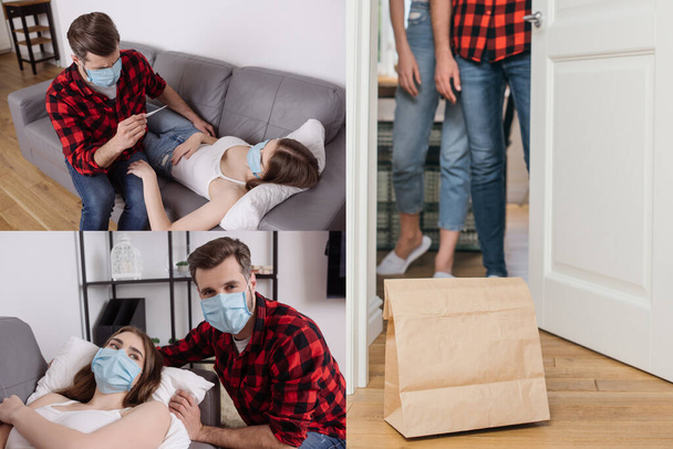 collage of man caring of diseased girlfriend, and couple standing near paper bag with takeaway food near door - Photo, Image
