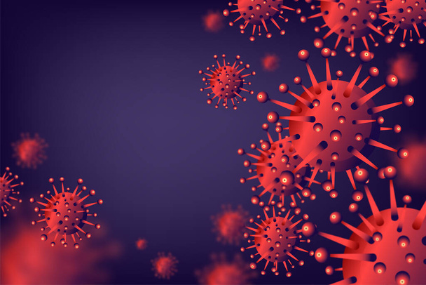 コロナウイルス(nCoVまたはCOVID-19)のウイルス背景、あなたのコピースペースと濃い青の背景に赤い色で現実的なコロナウイルス細胞3D 。ベクターイラスト - ベクター画像