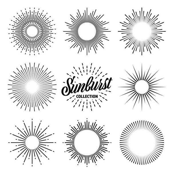 Vintage Sunburst kokoelma. Auringonsäteet puhkeavat. Ilotulitus Logotyyppi tai kirjainten suunnitteluelementti. Auringonlaskusäteet. Vektoriesimerkki. - Vektori, kuva
