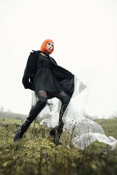 Retrato de menina da moda bonita com corte de cabelo vermelho bob e roupas pretas no campo de outono nebuloso frio dramático, jovem do sexo feminino com o arbusto com bagas e paisagem natural no fundo
 - Foto, Imagem