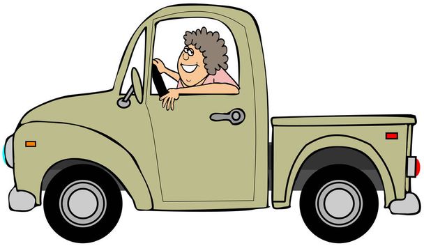 Ilustración de una mujer con el pelo rizado conduciendo una camioneta amarillenta
. - Foto, Imagen