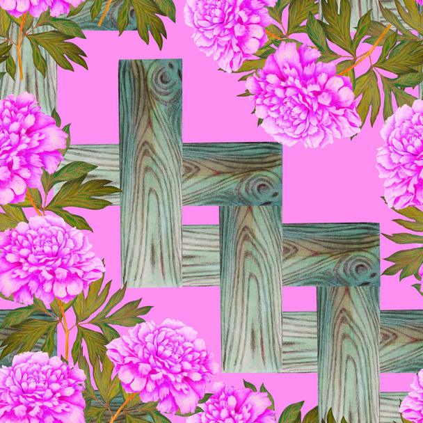 Floral seamless pattern with blooming peonies on wood wall. Botanic peony flower print. Crayon hand drawn illustration . - Foto, Bild