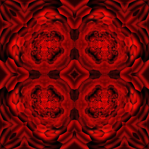 čtvercový formát šestiúhelníkový styl abstraktní umění z odstínů tmavé živé červené barvy na černém pozadí tryskové tvořící mnoho složitých vzorů tvarů a vzorů  - Fotografie, Obrázek