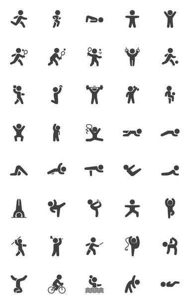 Ejercicios deportivos conjunto de iconos vectoriales, colección de símbolos sólidos modernos, posturas de yoga estilo lleno paquete pictograma. Signos, ilustración del logotipo. El conjunto incluye iconos como gimnasia rítmica, tenis, estiramiento, asana
 - Vector, Imagen