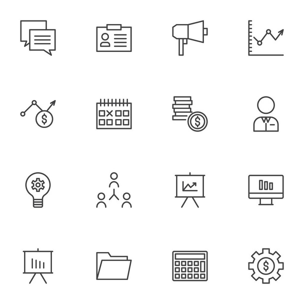 Business and finance line icons set, outline vector symbol collection, linear style pictogram pack. Signs logo illustration. Set includes icons - conversation, business graph, money gear, presentation - Vecteur, image