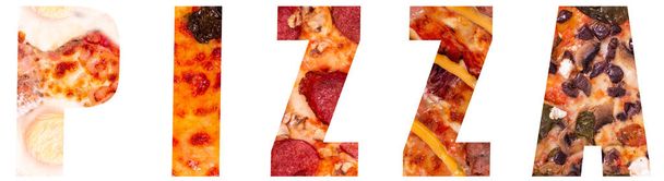 Texturované slovo "Pizza" s různými polevy na pizzu. Obrázek pro jídelní lístek, donášku rychlého občerstvení, webdesign a další - Fotografie, Obrázek