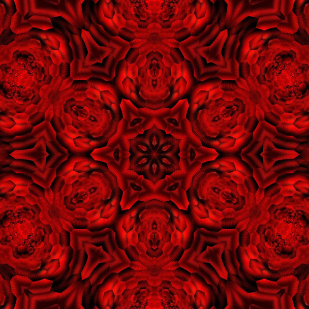 šestihranný květinový fantasy styl abstraktní umění z odstínů tmavé živé červené barvy na černém pozadí tryskové tvořící mnoho složitých vzorů tvarů a vzorů  - Fotografie, Obrázek