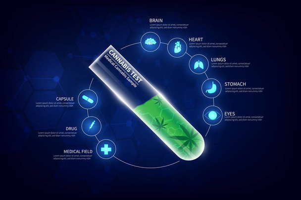 concepto de cannabis para usos médicos, muestra de cannabis en tubo de muestra
 - Vector, Imagen