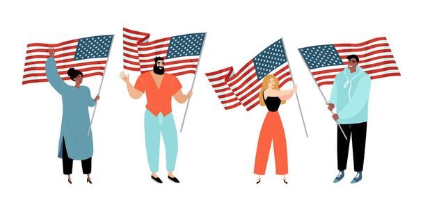 Набор изображений молодых людей с американскими флагами в руках, изолированных на белом фоне
 - Вектор,изображение
