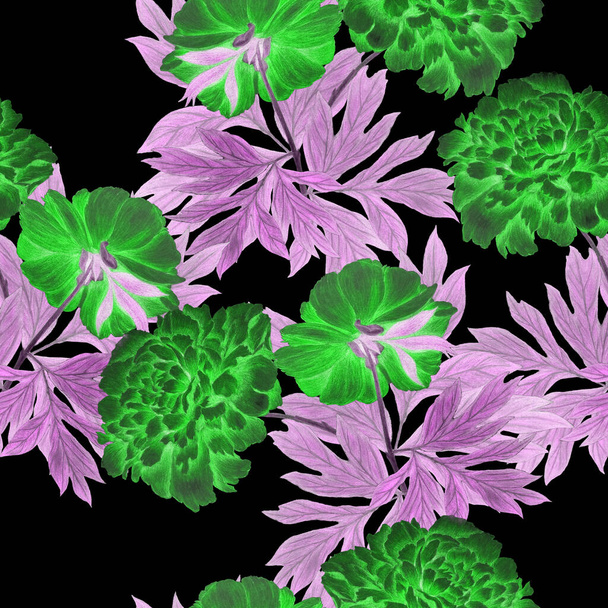 Floral seamless pattern with beautiful blooming peonies. Vintage botanic Peony flower print. Hand drawn crayon illustration. - 写真・画像