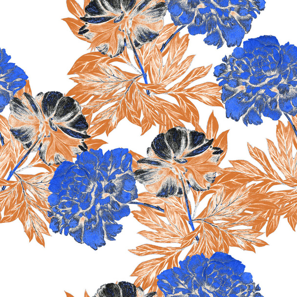 Floral seamless pattern with beautiful blooming peonies. Vintage botanic Peony flower print. Hand drawn crayon illustration. - Foto, afbeelding