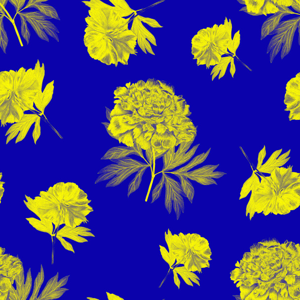 Floral seamless pattern with beautiful blooming peonies. Vintage botanic Peony flower print. Hand drawn crayon illustration. - Фото, изображение