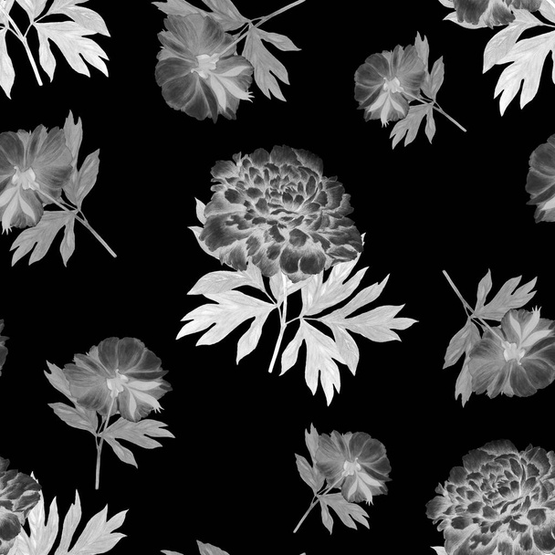 Floral seamless pattern with beautiful blooming peonies. Vintage botanic Peony flower print. Hand drawn crayon illustration. - Fotoğraf, Görsel