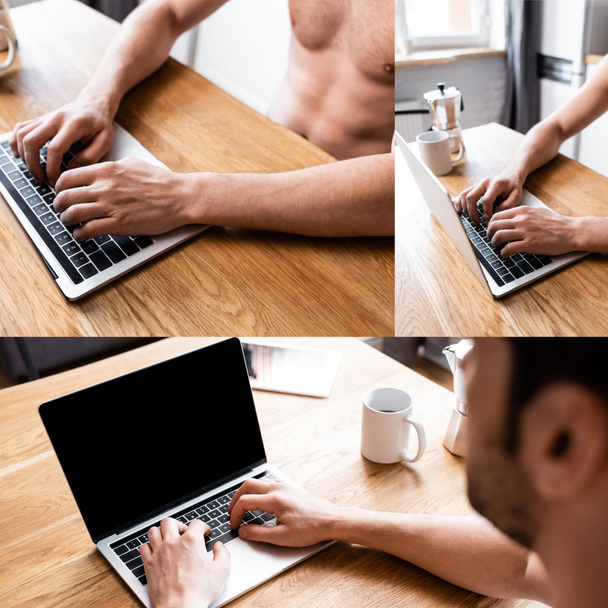 colagem com freelancer sem camisa sexy trabalhando no laptop na cozinha com xícara de café
 - Foto, Imagem
