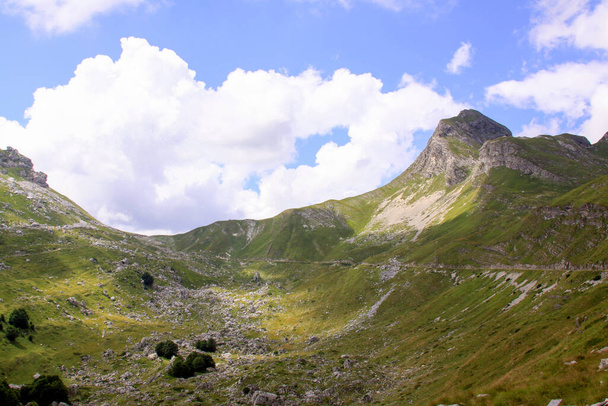 Πανόραμα οδικής κυκλοφορίας Durmitor Ring στο εθνικό πάρκο του Μαυροβουνίου. Γραφικό τοπίο με ψηλές βουνοκορφές, καταπράσινη αλπική βλάστηση και χωματόδρομος - Φωτογραφία, εικόνα