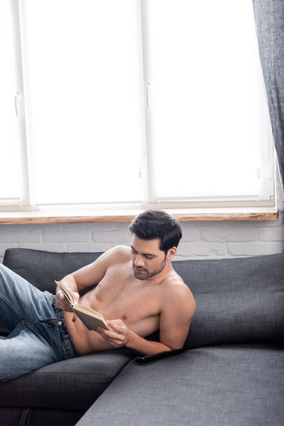 handsome sexy shirtless man reading book on sofa - Фото, изображение