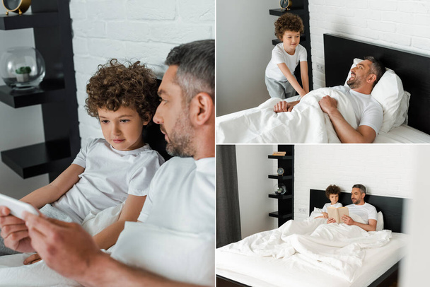 collage of father and kid reading book, smiling and using smartphone in bedroom  - Fotó, kép