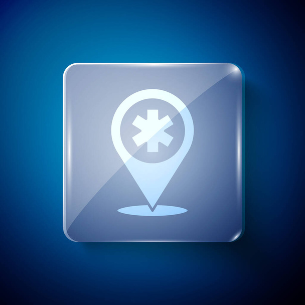 White Medical map pointer with cross hospital icon isolated on blue background. Square glass panels. Vector Illustration - Vector, Image