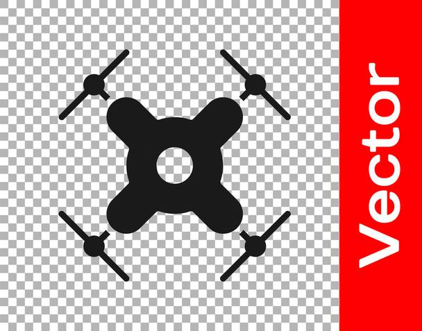 Černá drona létání ikona izolované na průhledném pozadí. Quadrocopter se symbolem videokamery a fotoaparátu. Vektorová ilustrace - Vektor, obrázek
