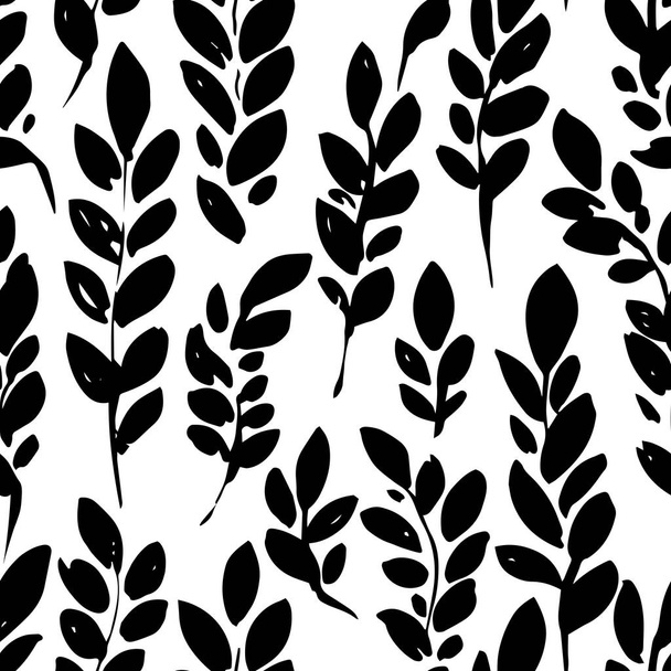 Branches with foliage, botanical flora seamless pattern. Monochrome silhouette with leaves of plant, exotic floral print, bouquet with stem and leafage. Bushes decorative ornament, vector in flat - Vector, imagen