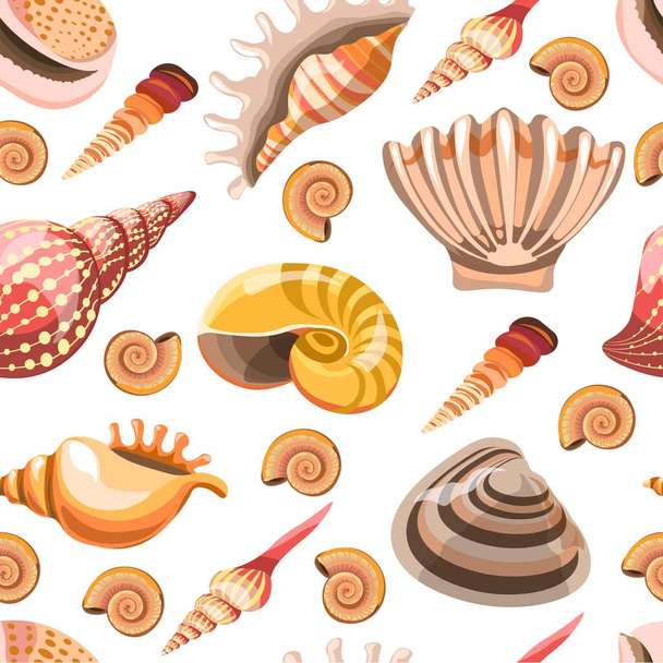Seashells and conches, cockleshells and corals seamless pattern. Scallop and shells, tropical and marine dwellers, sea and ocean, aquatic and coastal organisms. Mussel collection, vector in flat - Vektor, kép