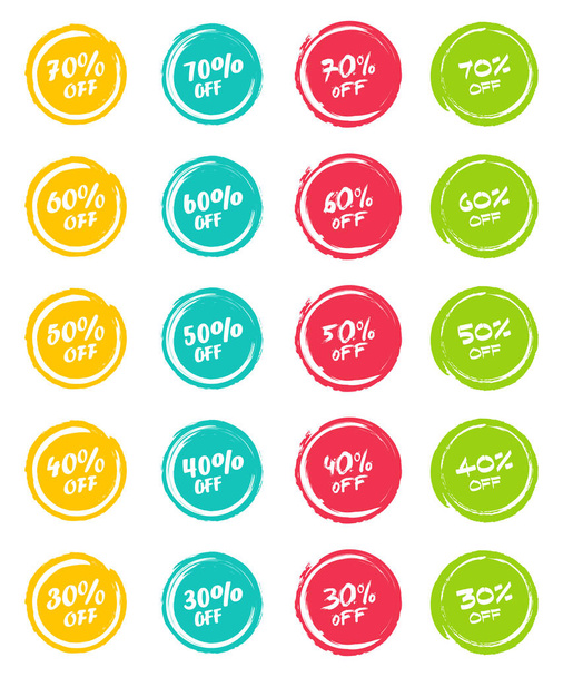 Set of grunge sticker with 30, 40, 50, 60, 70 percent off in a flat design. For sale, promotion, advertising - Photo, Image