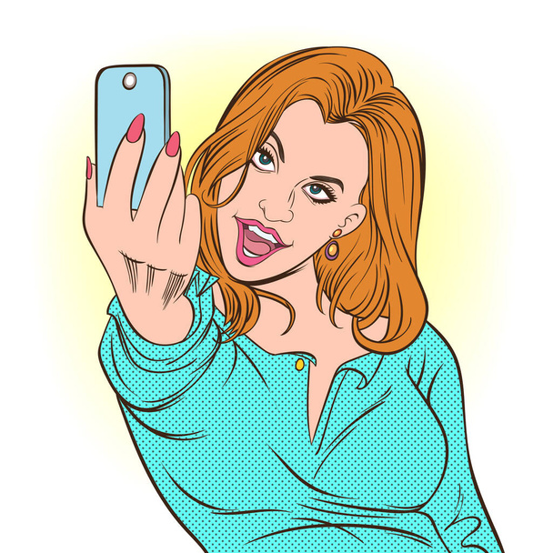 Jovens mulheres bonitas tirando foto selfie no telefone inteligente em mídias de redes sociais. Pop art vector illustration.images separados do fundo
 - Vetor, Imagem