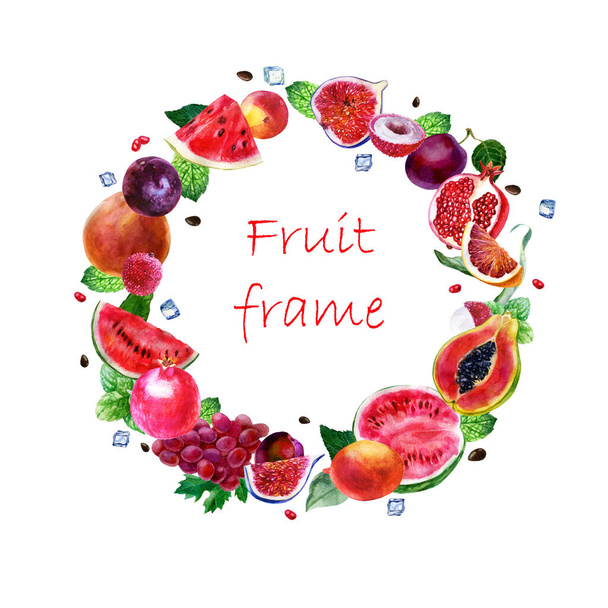 Watercolor illustration, fruit frame. Pomegranate, plum, watermelon grapes mango lychee figs grapefruit mint, ice cubes. - Fotó, kép