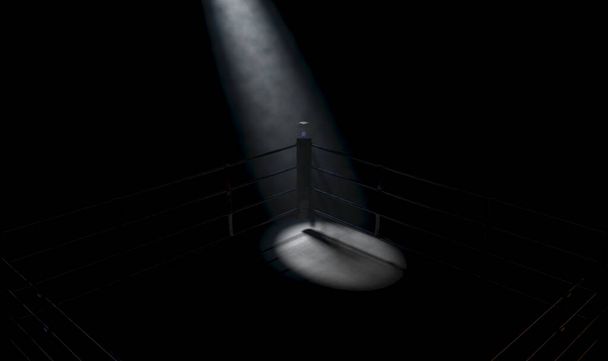 Un dramático primer plano de un rincón débilmente iluminado de un ring de boxeo rodeado de cuerdas sobre un fondo oscuro y aislado - 3D render
 - Foto, imagen