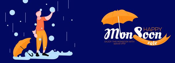 Sociální média banner design pro šťastný monzunový prodej se speciálními nabídkami s deštivým pozadím a deštníkem dívka ilustrace s kapkou vody. Použijte ji prodej, plakát, banner, reklamní příspěvek. - Vektor, obrázek