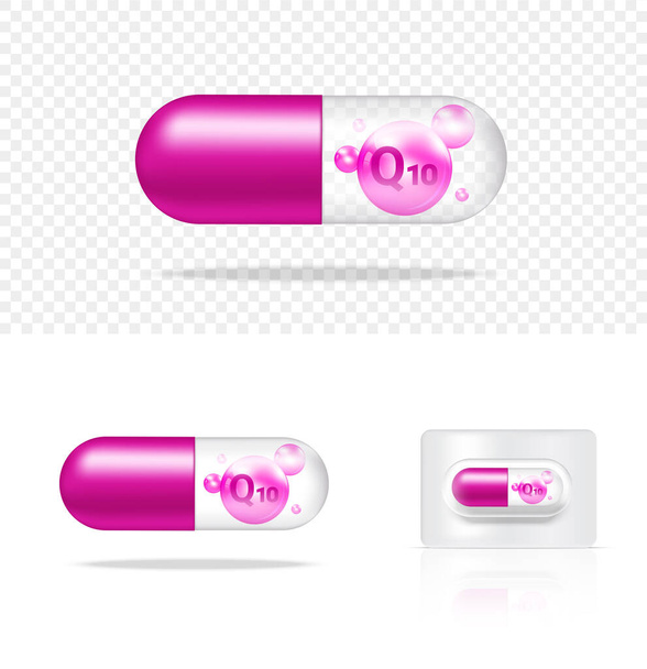 Maak gebruik van realistische transparante pil Vitamine Q10 Medicine Capsule Panel op witte achtergrond Vector Illustratie. Tabletten Medische en Gezondheidszorg Concept. - Vector, afbeelding