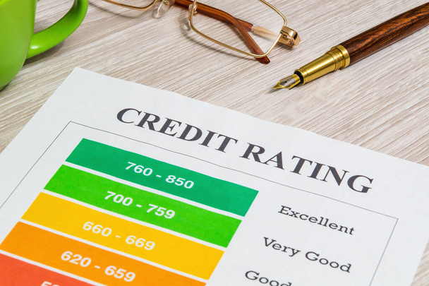 Credit rating formulier op het bureau met bril en stijlvolle pen, business idee - Foto, afbeelding