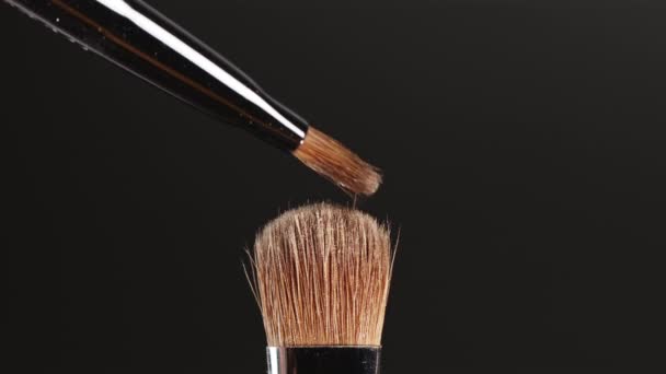 Two makeup brushes touch each other on black background and small particles of cosmetics - shadows fly apart, effect of explosion. Beauty industry, instruments, slow motion. - Filmati, video