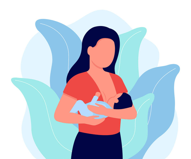 Lactancia materna, madre lactante recién nacido con el pecho en las manos. El niño bebe leche del pecho femenino. Lactancia materna, feliz día de la madre. Lactancia. Vector
 - Vector, imagen