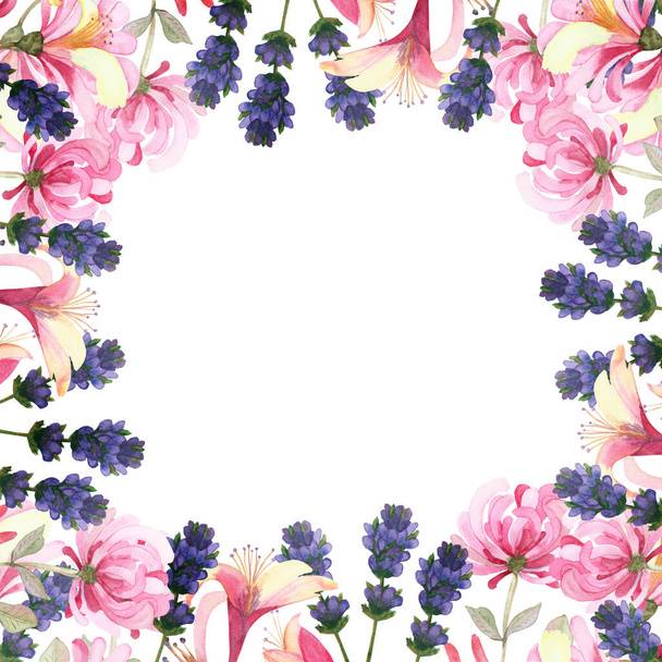 Watercolor hand painted nature floral squared border frame with purple lavender and pink honeysuckle blossom flowers on green branches bouquet for invite and greeting card with the space for text - 写真・画像
