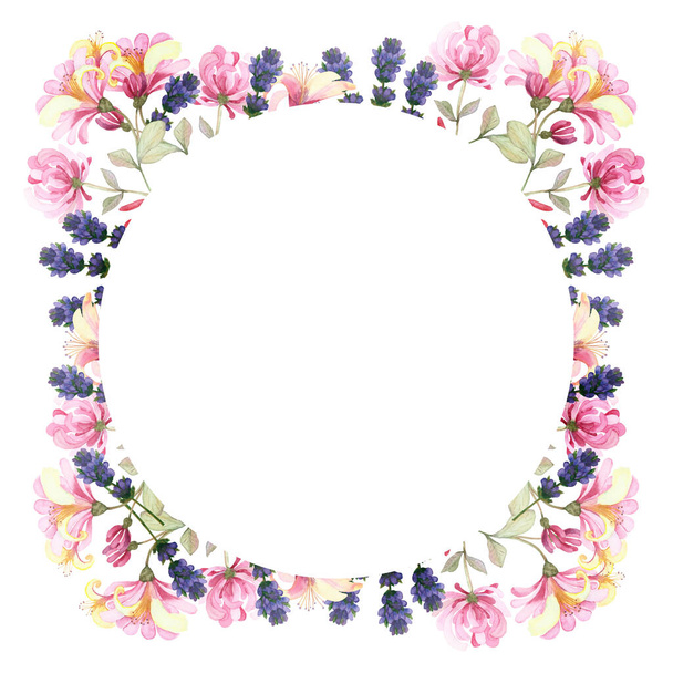 Watercolor hand painted nature floral circle frame with purple lavender and pink honeysuckle flowers on branches bouquet on the white background for invite and greeting card with the space for text - 写真・画像