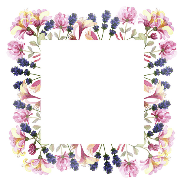 Watercolor hand painted nature floral squared border frame with purple lavender and pink honeysuckle blossom flowers on green branches bouquet for invitations and greeting card with the space for text - 写真・画像